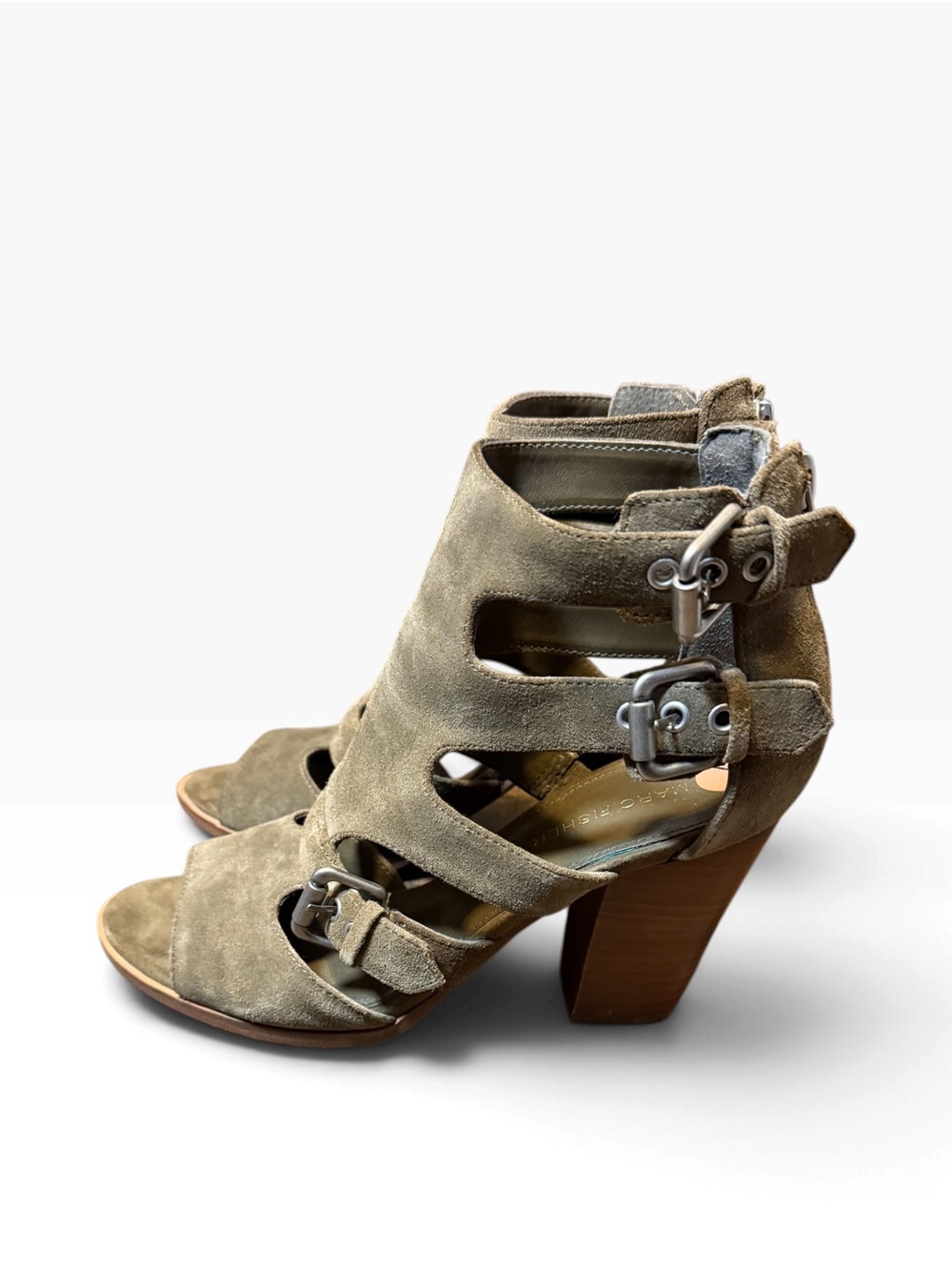 Marc Fisher Calinda Olive Suede Cutout Buckle Block Heel Sandals Women’s Size 7